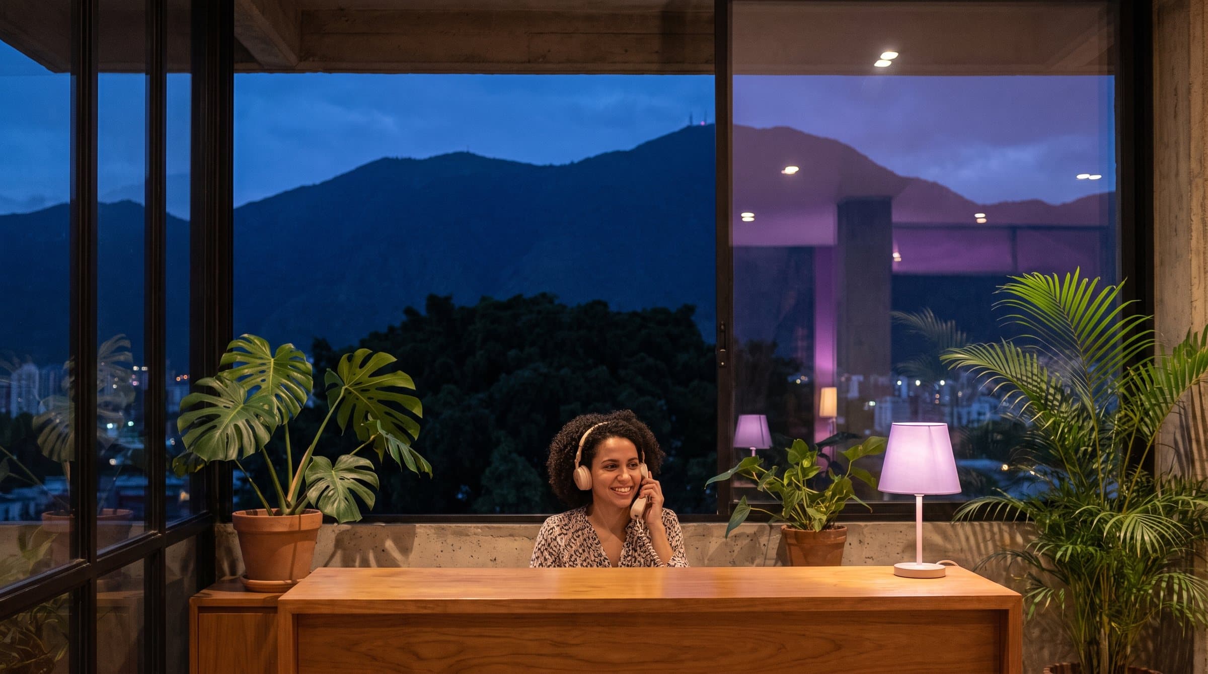 Recepcionista con diadema contestando el teléfono en un pequeño hotel de Caracas, con plantas tropicales y el cerro El Ávila al fondo a la hora azul