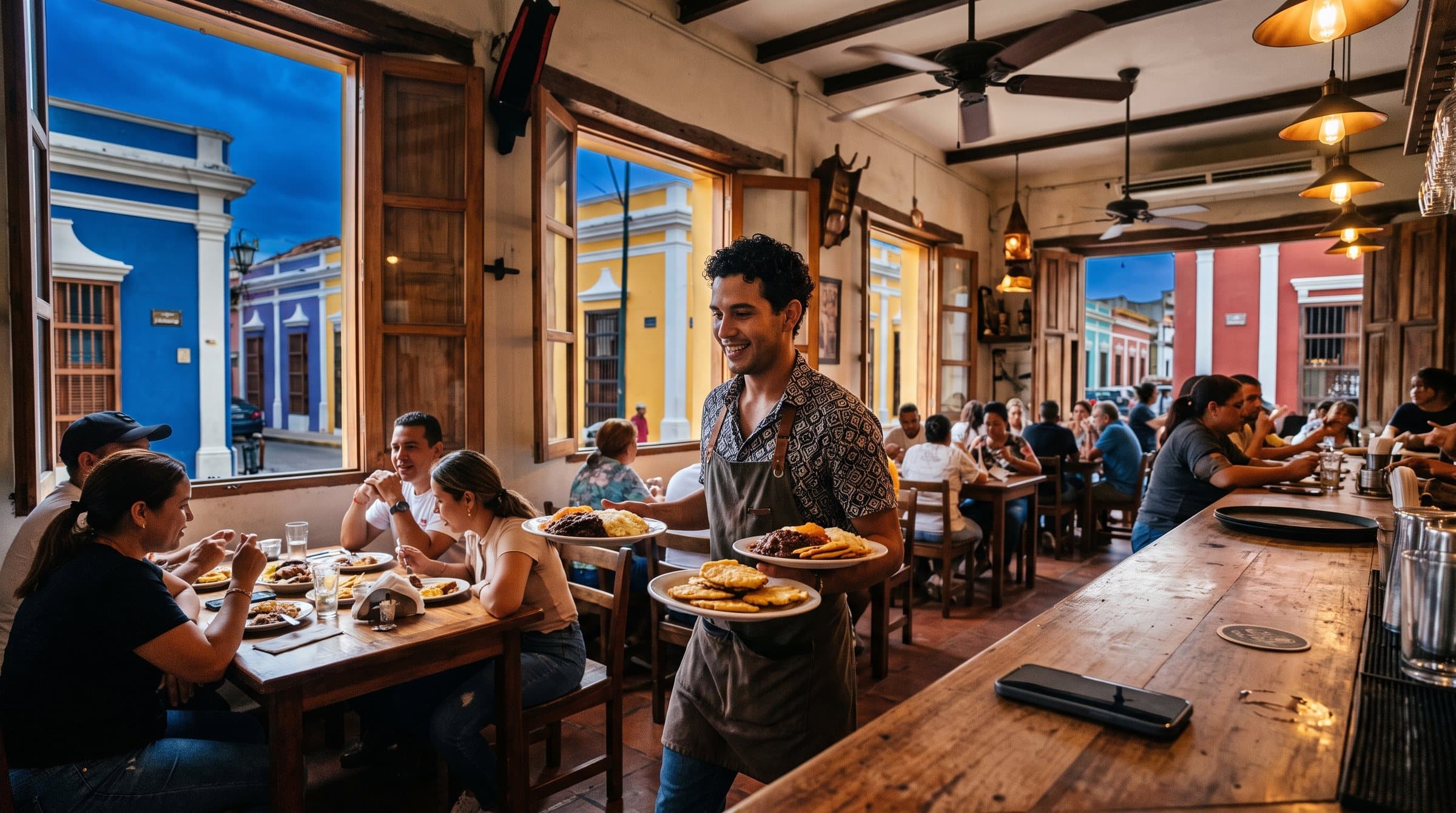 Mesero llevando platos en un bar restaurante de Maracaibo, con fachadas coloniales de colores