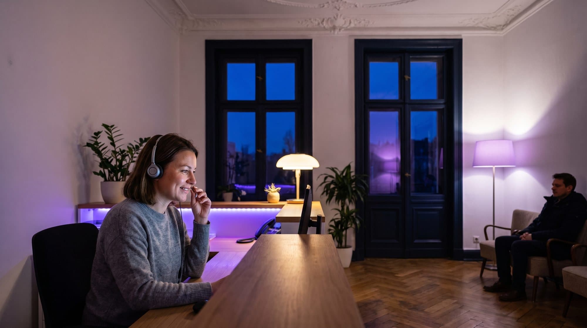 Recepcionista con auriculares atendiendo una llamada de madrugada